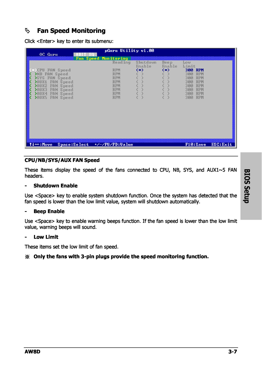Intel AW8D user manual Fan Speed Monitoring, BIOS Setup 