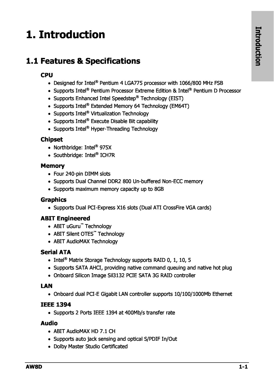 Intel AW8D user manual Introduction, Features & Specifications 