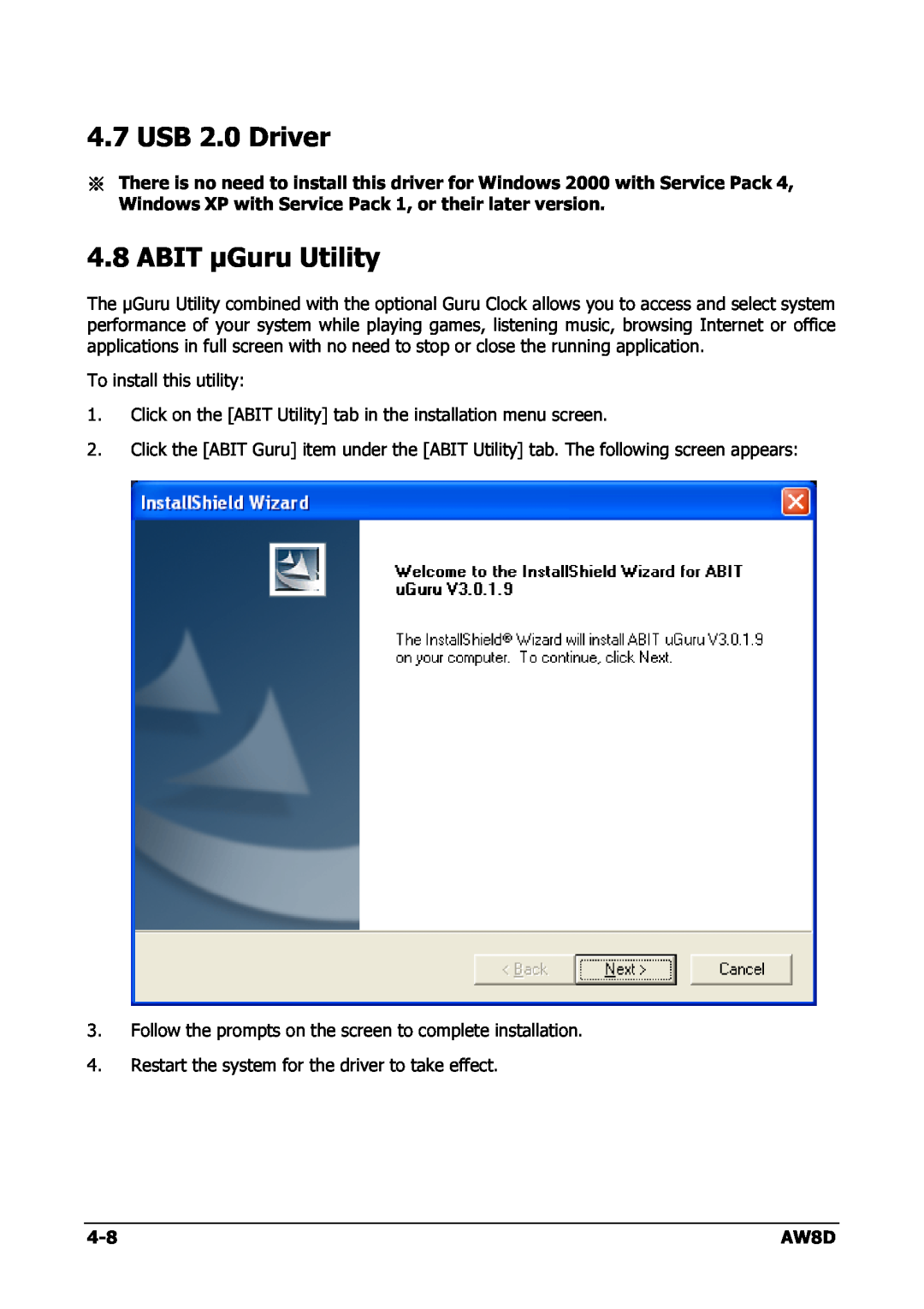 Intel AW8D user manual USB 2.0 Driver, ABIT µGuru Utility 