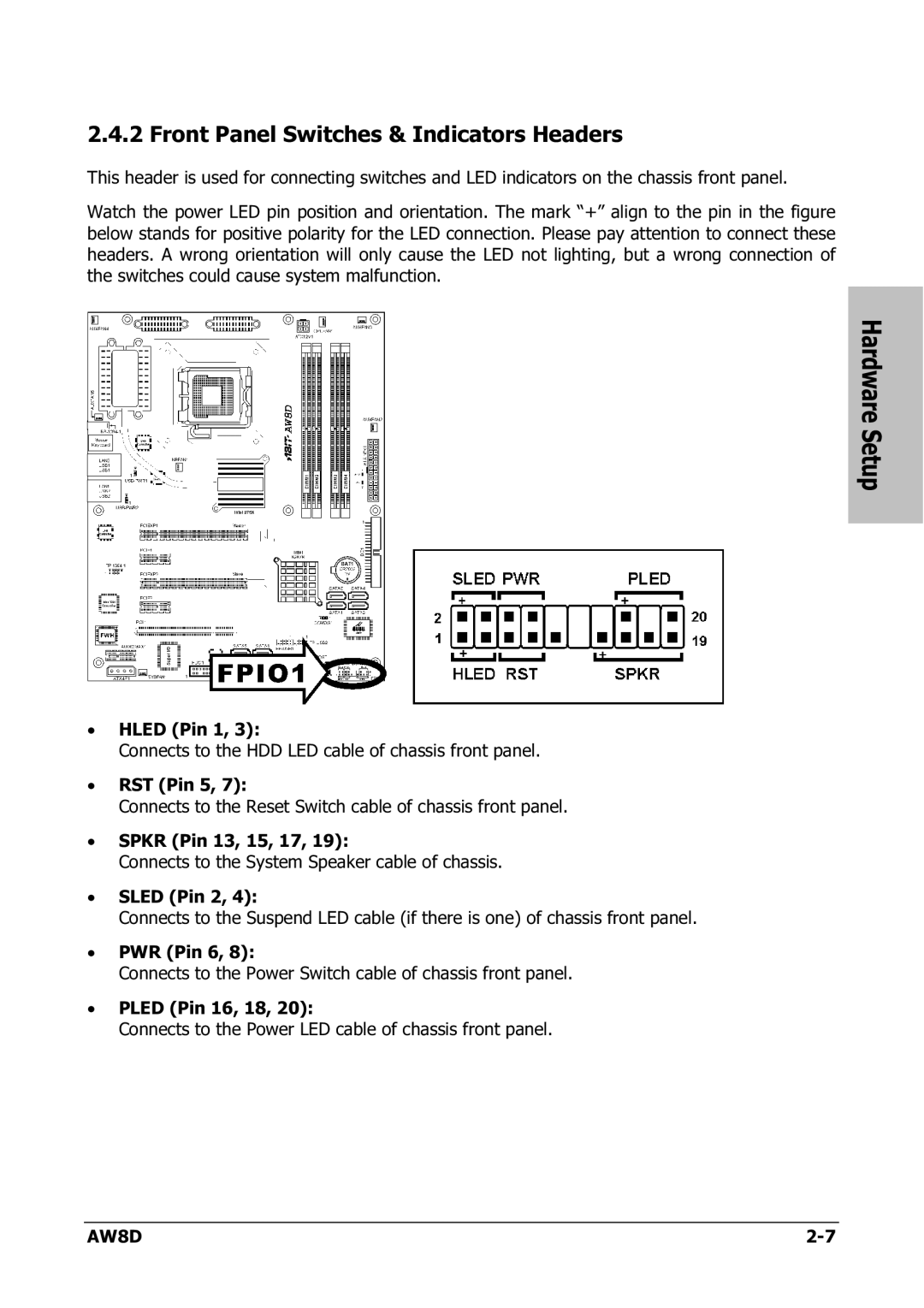 Intel AW8D user manual Front Panel Switches & Indicators Headers 