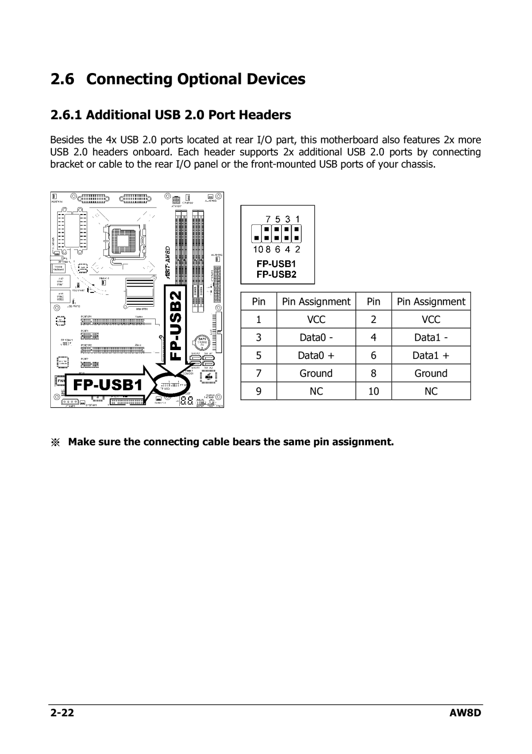 Intel AW8D user manual Connecting Optional Devices, Additional USB 2.0 Port Headers 