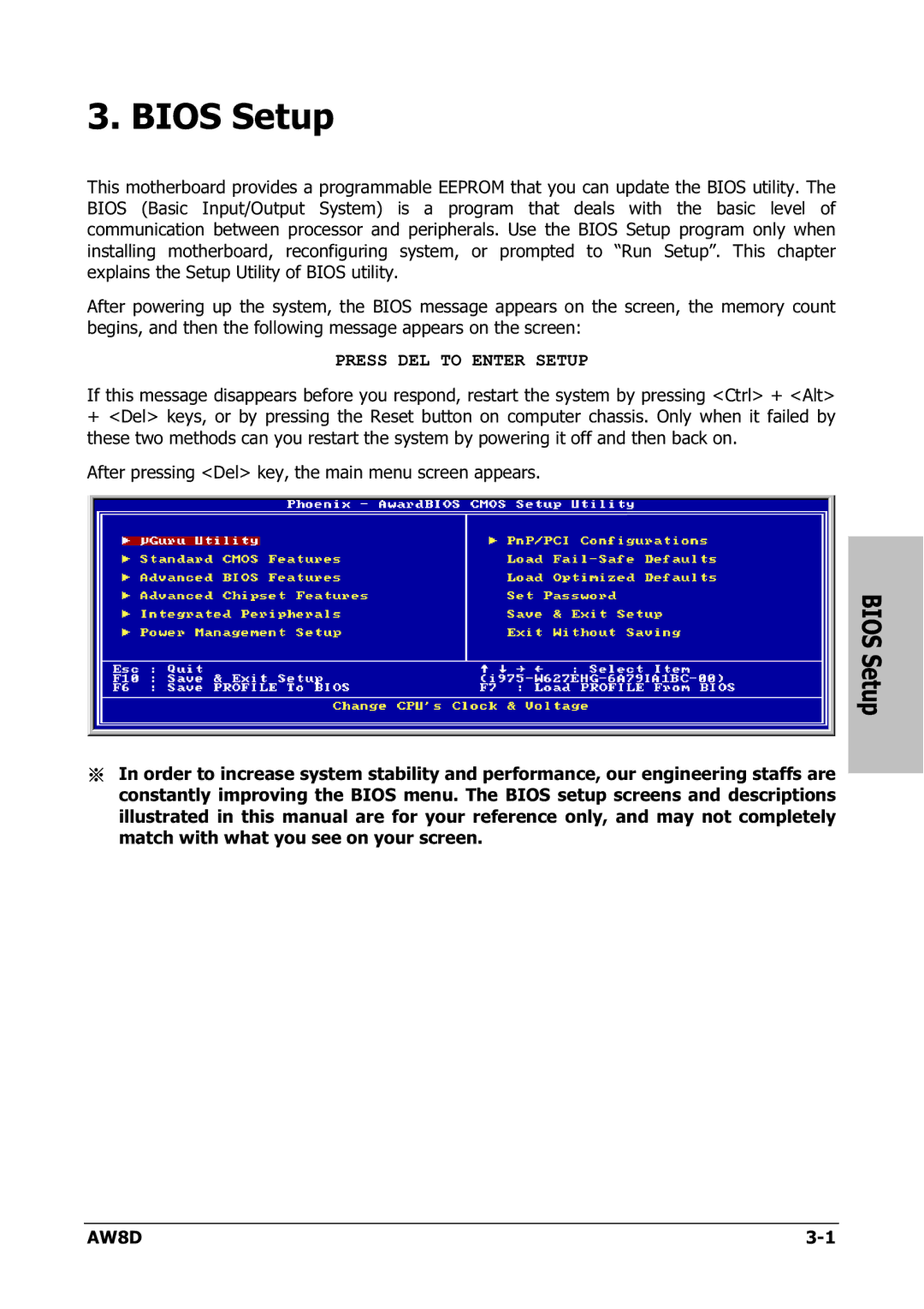 Intel AW8D user manual Bios Setup 