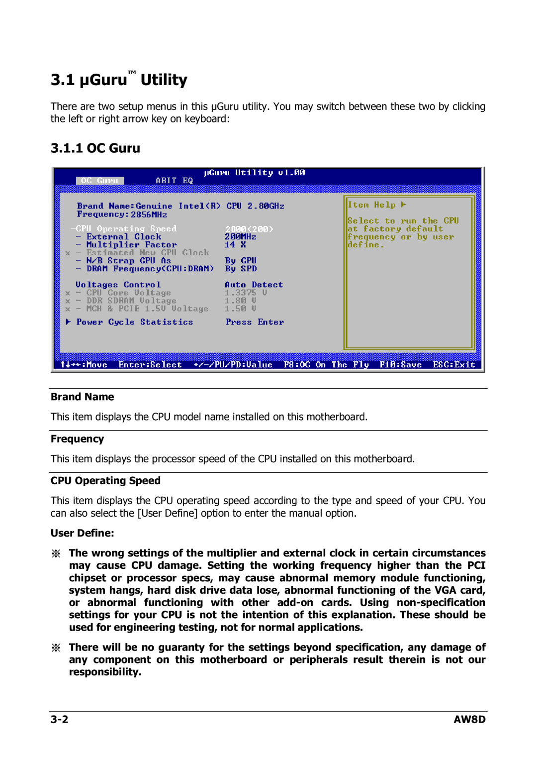 Intel AW8D user manual ΜGuru Utility, OC Guru 