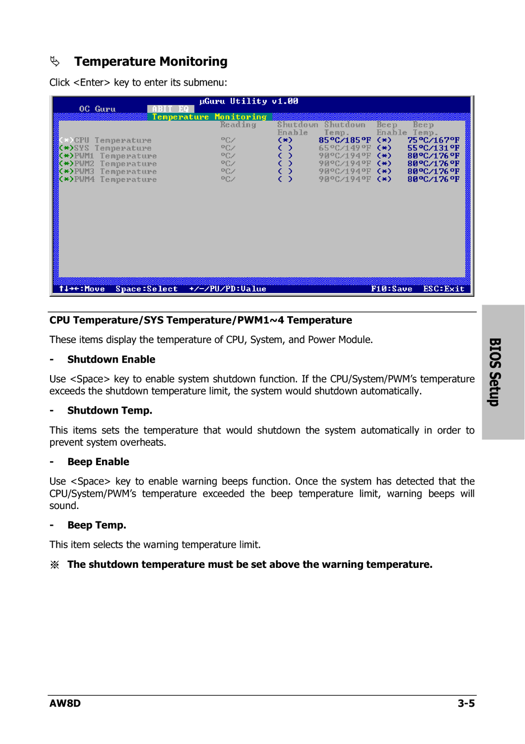 Intel AW8D user manual Temperature Monitoring 