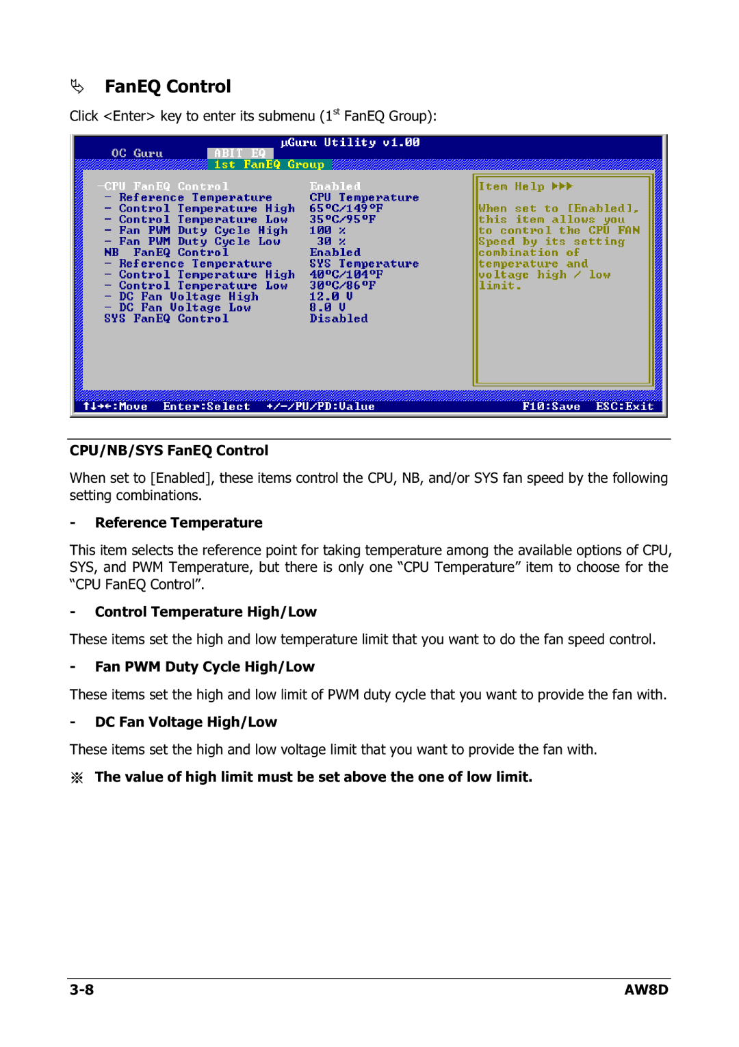 Intel AW8D user manual FanEQ Control 