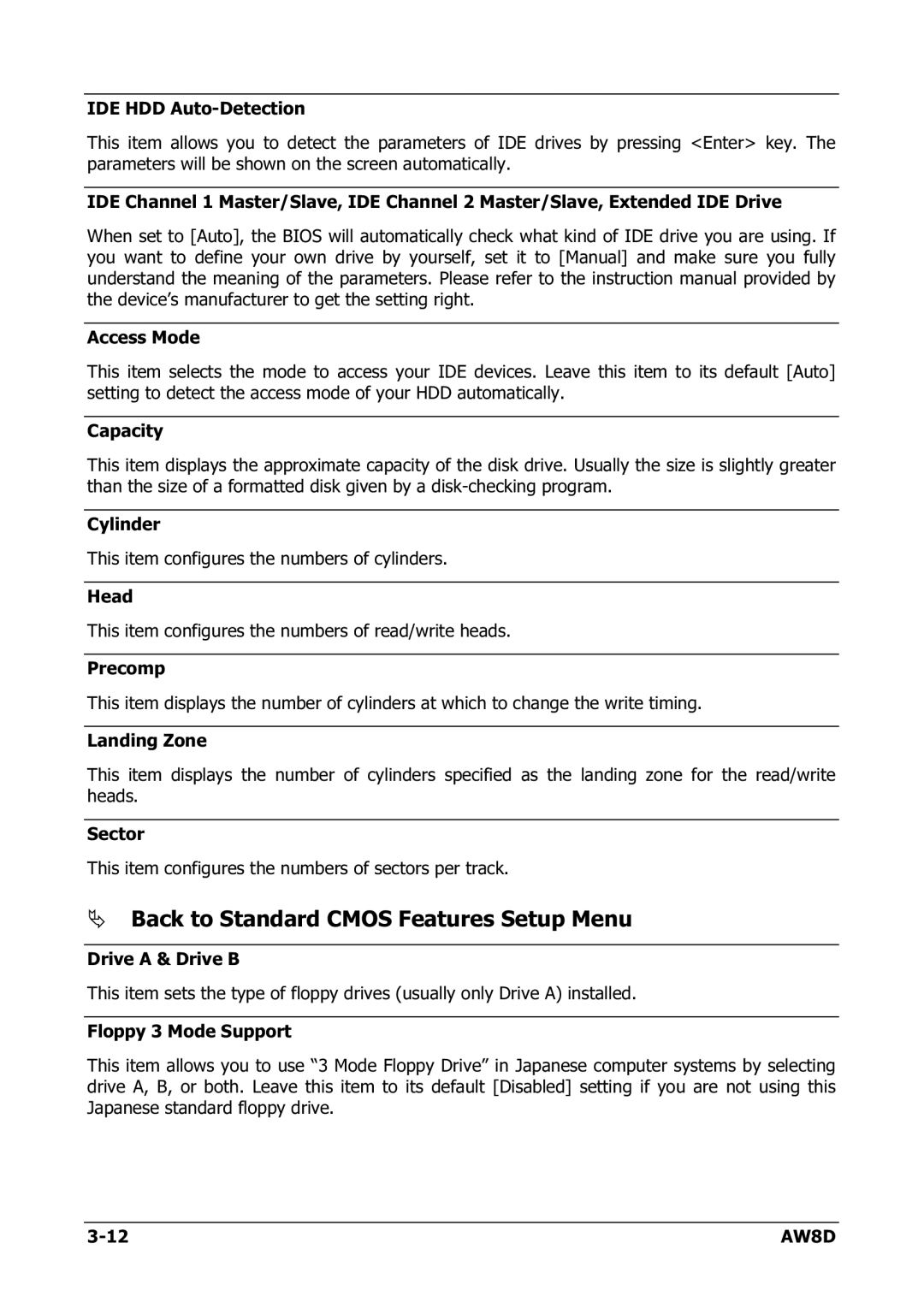 Intel AW8D user manual Back to Standard Cmos Features Setup Menu 