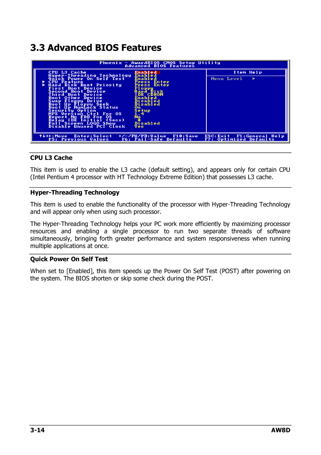 Intel AW8D user manual Advanced Bios Features 