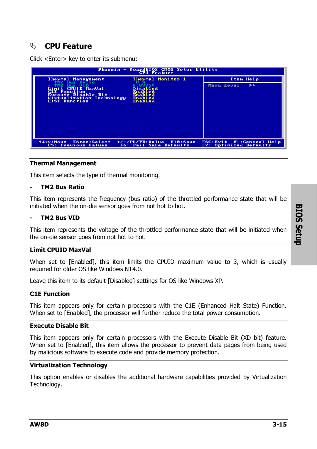 Intel AW8D user manual CPU Feature, Bios Setup 