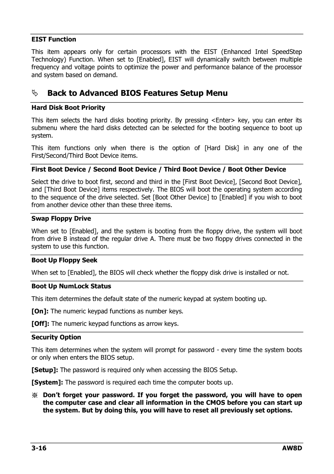 Intel AW8D user manual Back to Advanced Bios Features Setup Menu 