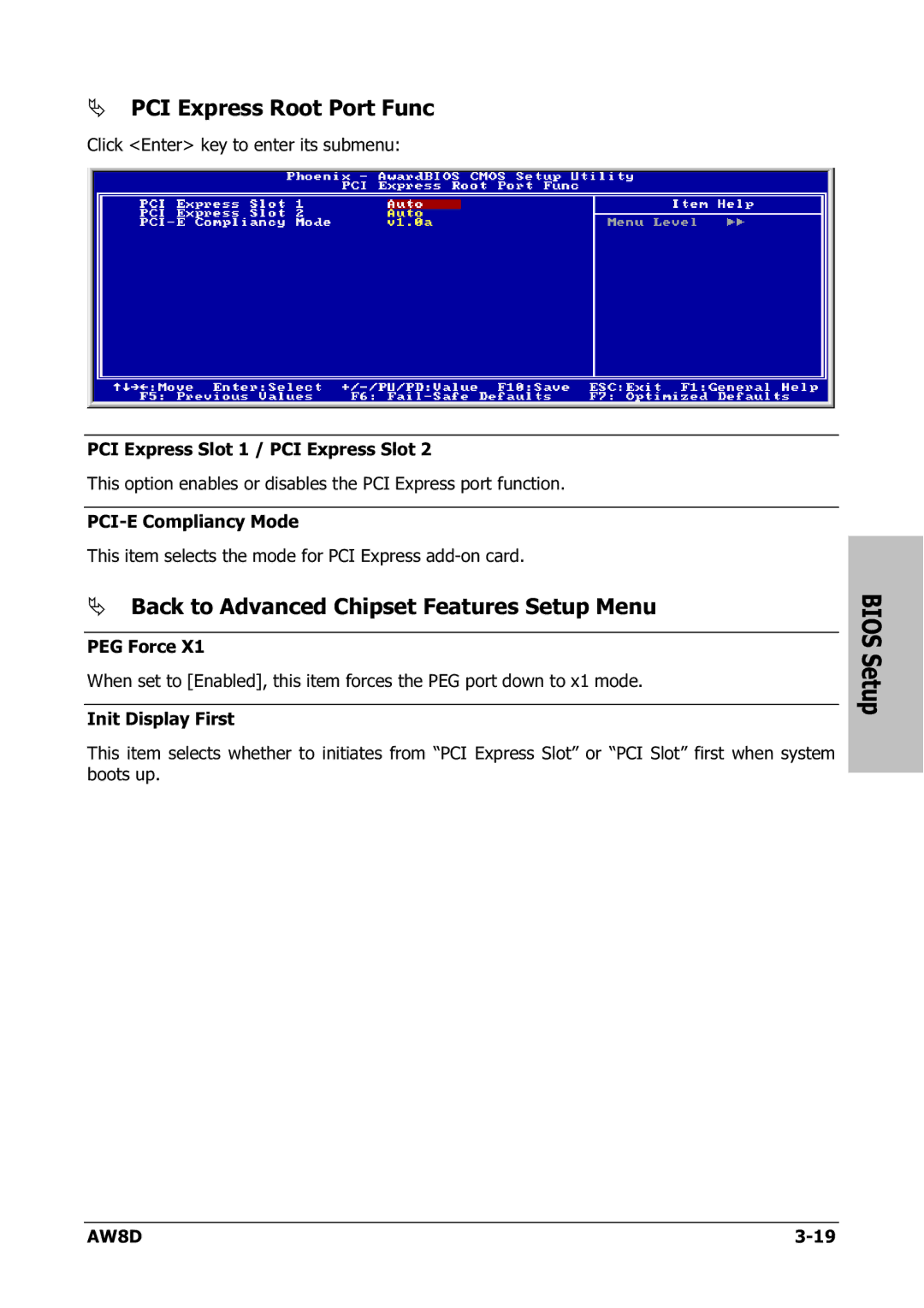 Intel AW8D user manual PCI Express Root Port Func, Back to Advanced Chipset Features Setup Menu 