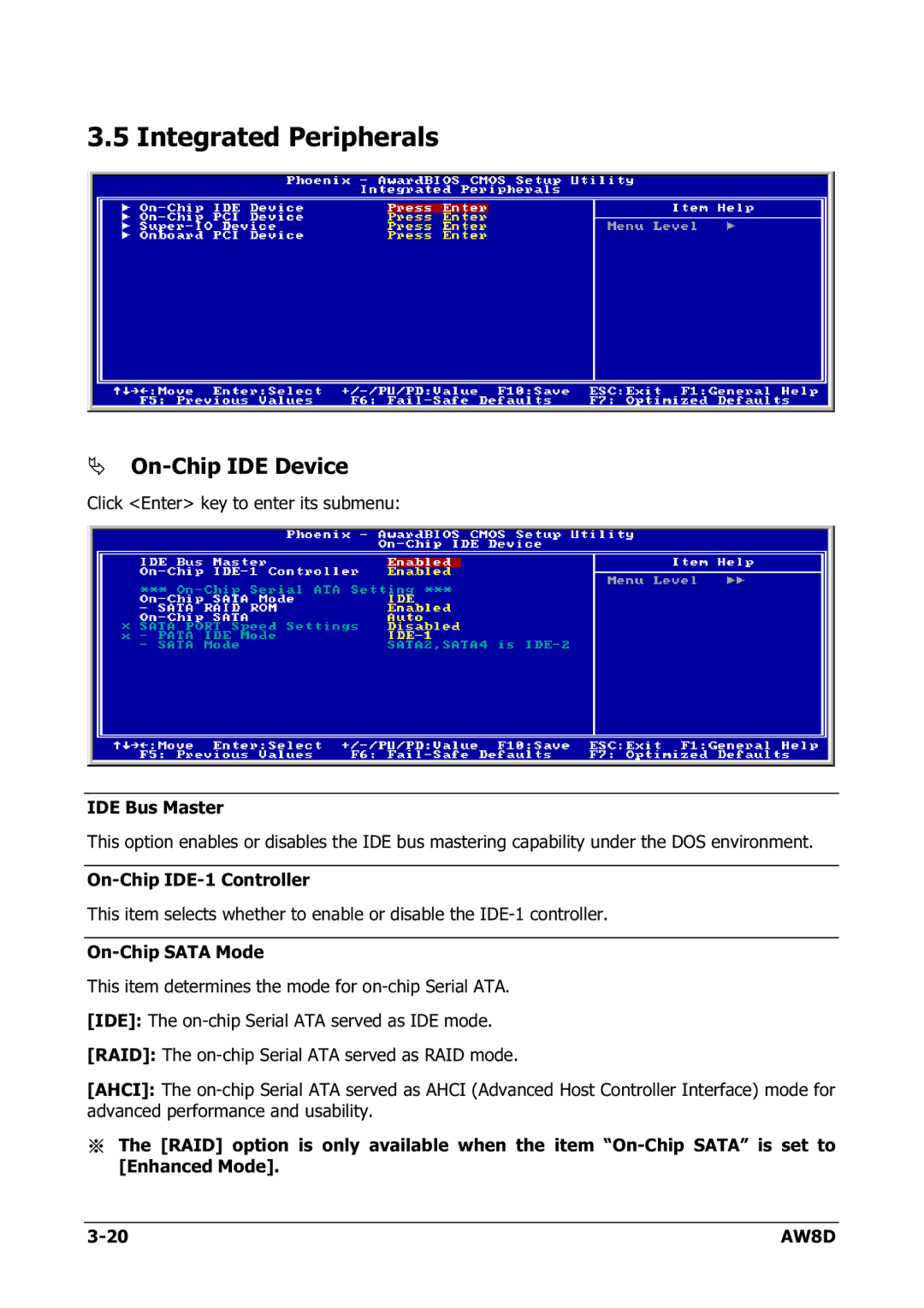 Intel AW8D user manual Integrated Peripherals, On-Chip IDE Device 