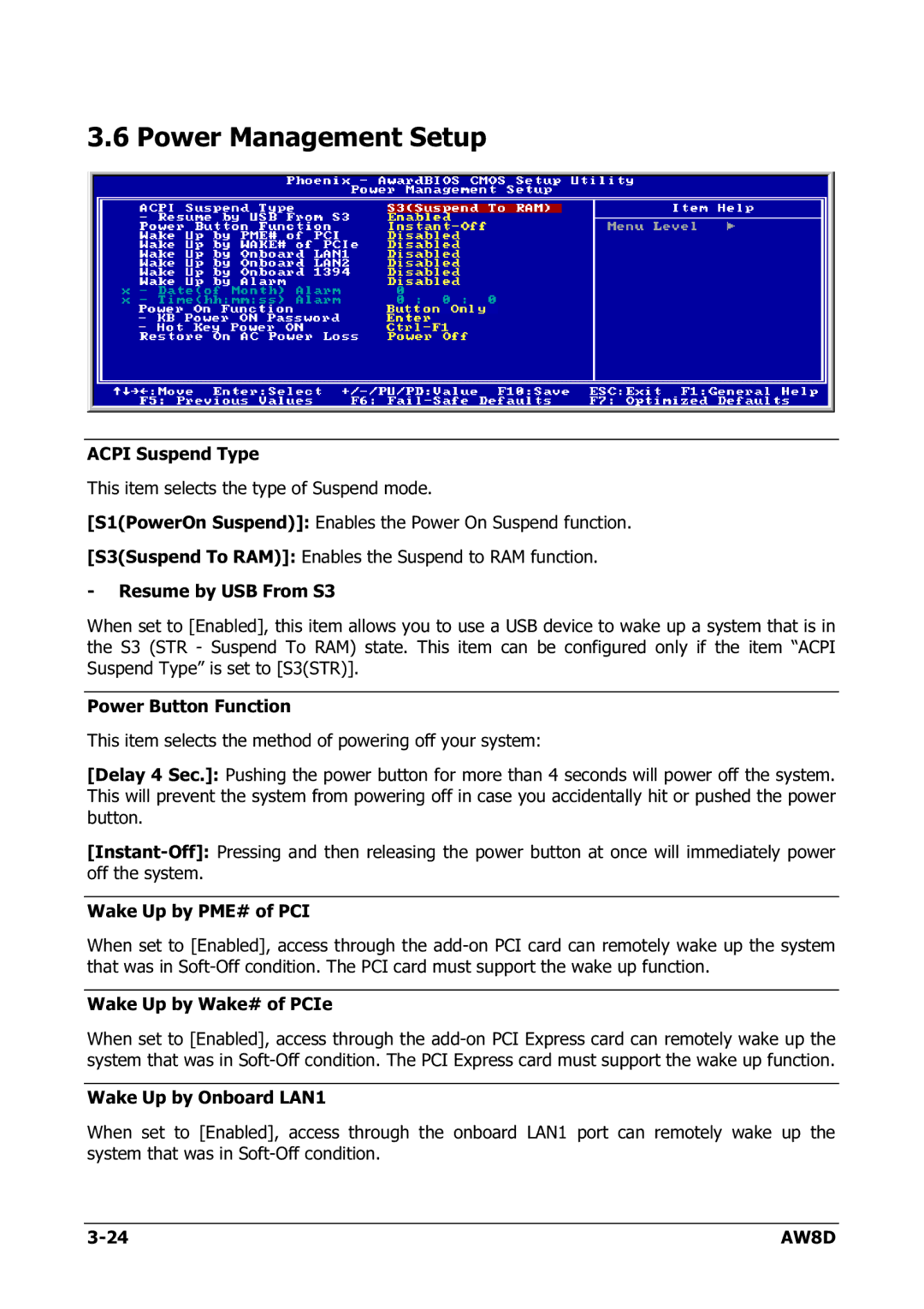 Intel AW8D user manual Power Management Setup 