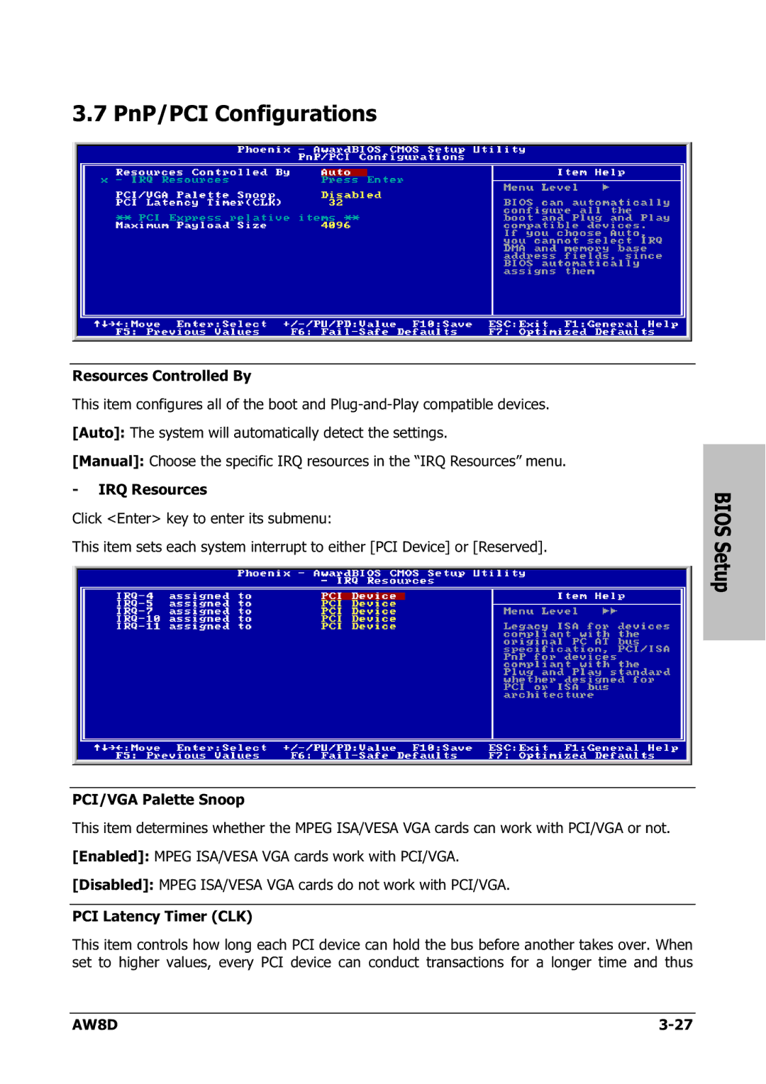 Intel AW8D user manual PnP/PCI Configurations 