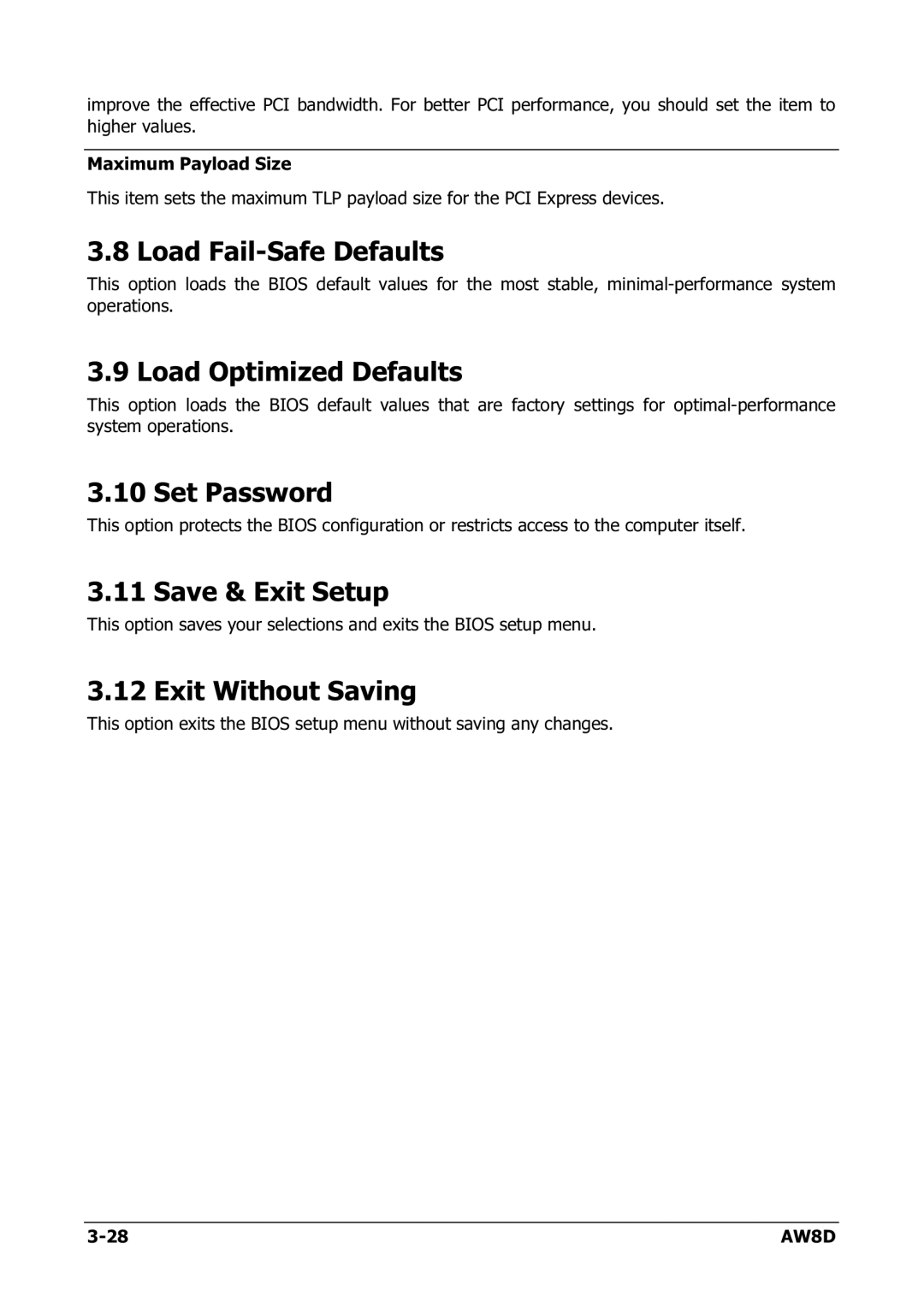 Intel AW8D Load Fail-Safe Defaults, Load Optimized Defaults, Set Password, Save & Exit Setup, Exit Without Saving 