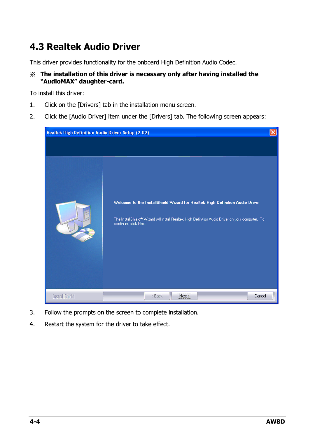 Intel AW8D user manual Realtek Audio Driver 