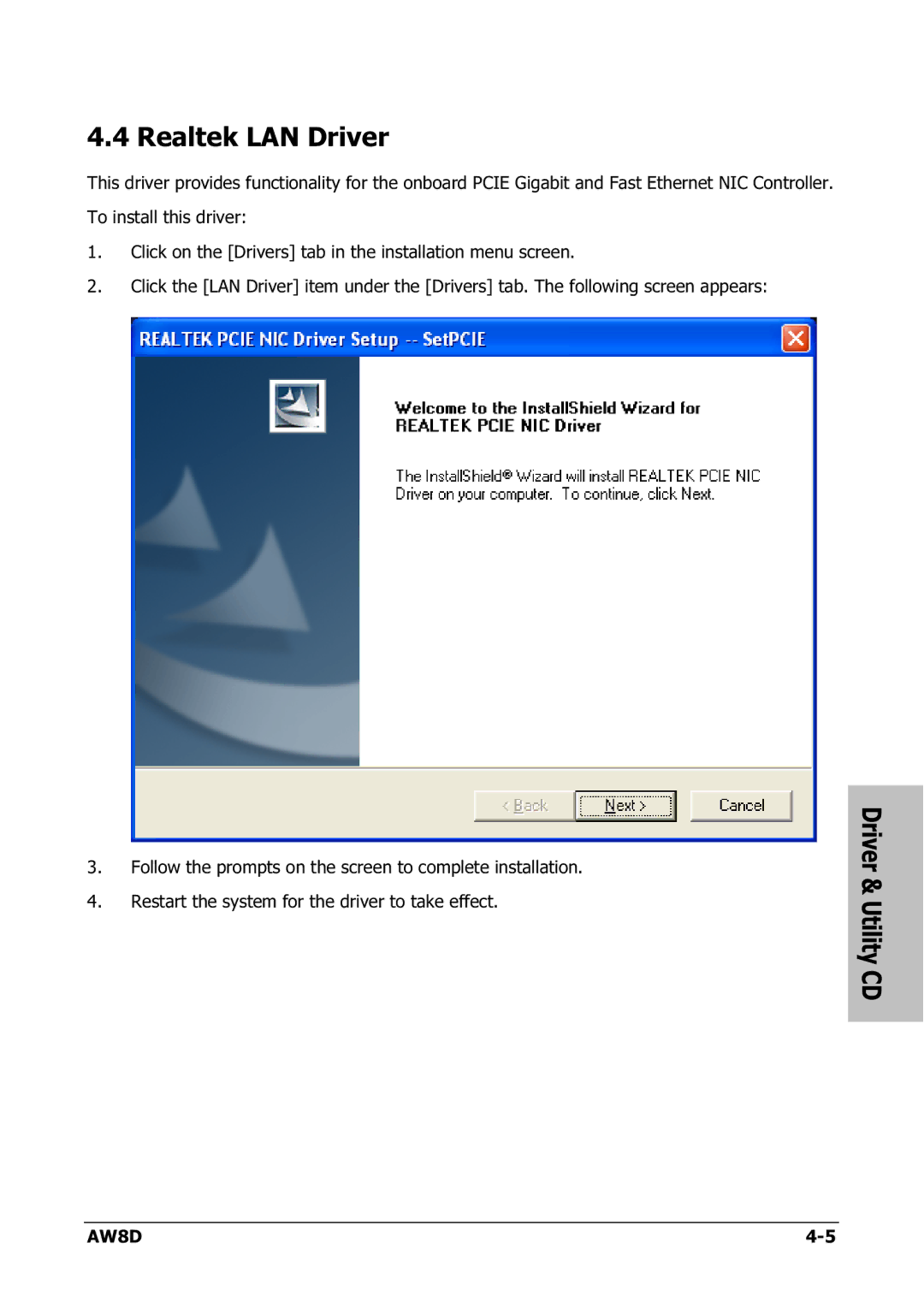 Intel AW8D user manual Realtek LAN Driver 