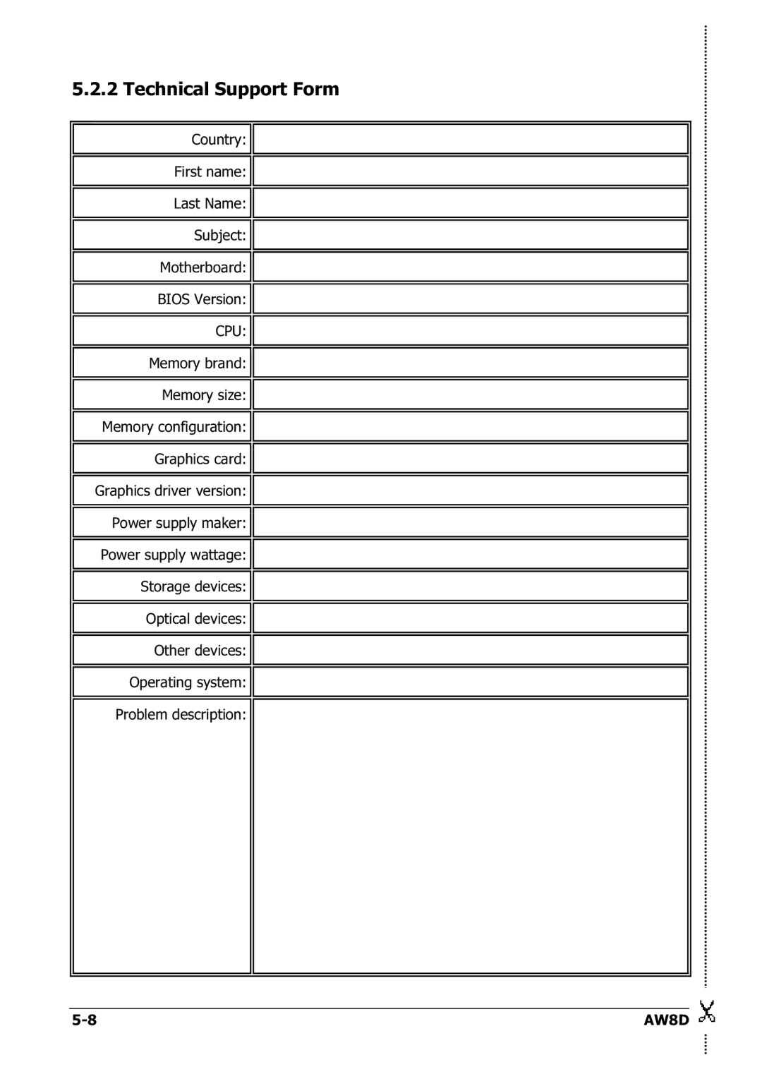 Intel AW8D user manual Technical Support Form 