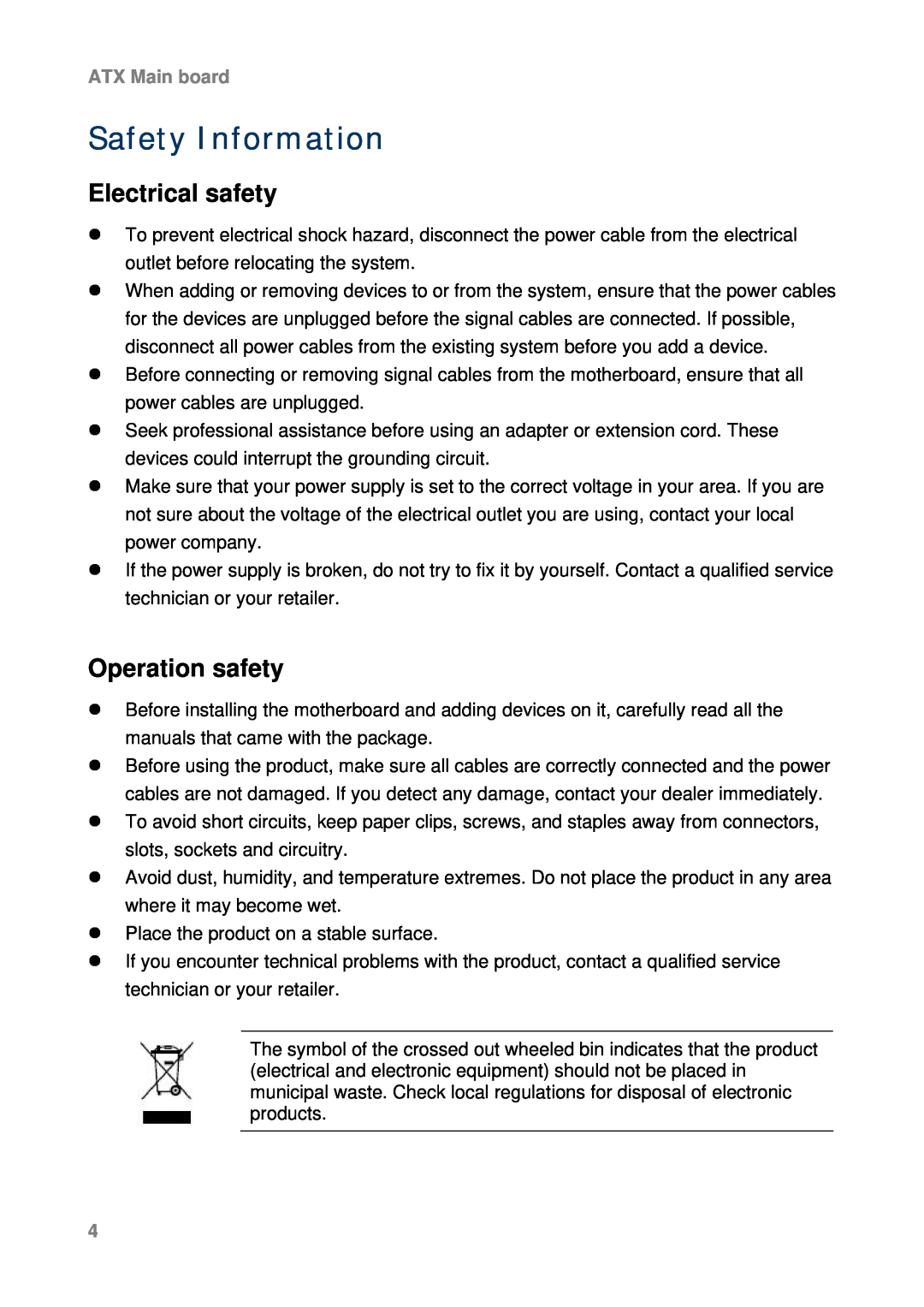 Intel AX965Q user manual Safety Information, Electrical safety, Operation safety, ATX Main board 