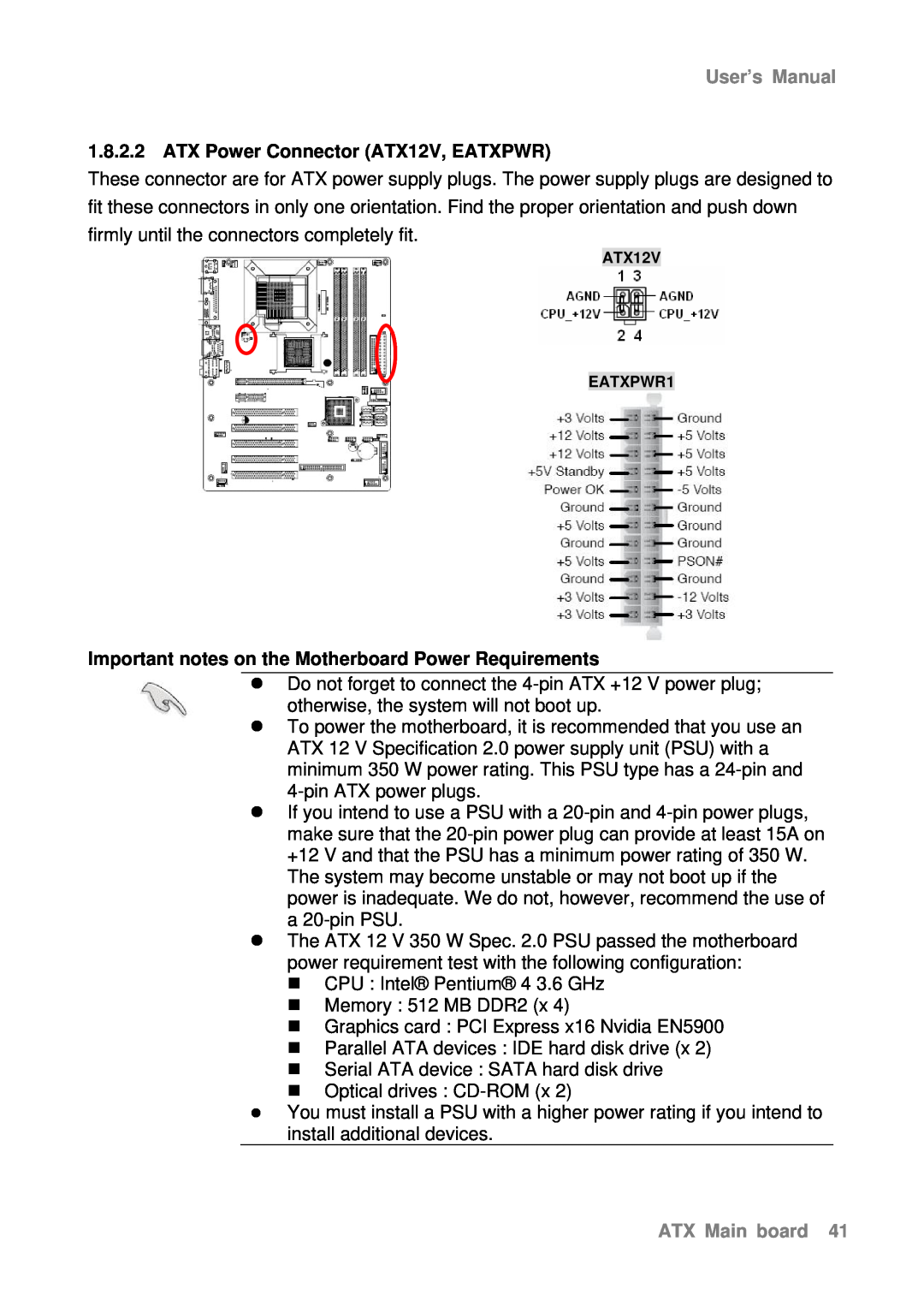 Intel AX965Q ATX Power Connector ATX12V, EATXPWR, Important notes on the Motherboard Power Requirements, User’s Manual 