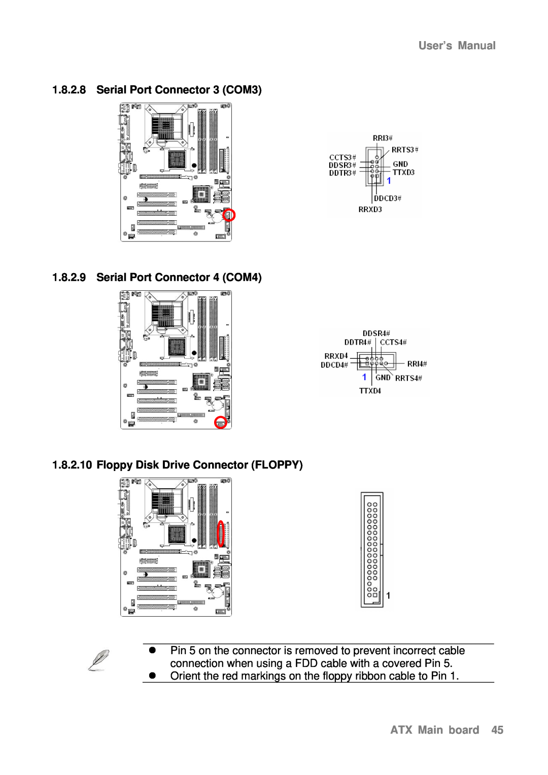 Intel AX965Q Serial Port Connector 3 COM3, Serial Port Connector 4 COM4, Floppy Disk Drive Connector FLOPPY, User’s Manual 