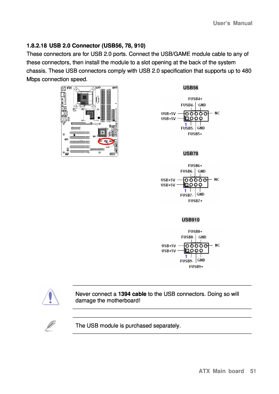 Intel AX965Q user manual USB 2.0 Connector USB56, 78, User’s Manual, ATX Main board 