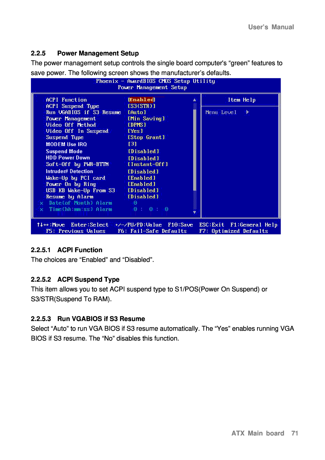 Intel AX965Q user manual Power Management Setup, ACPI Function, ACPI Suspend Type, Run VGABIOS if S3 Resume, User’s Manual 
