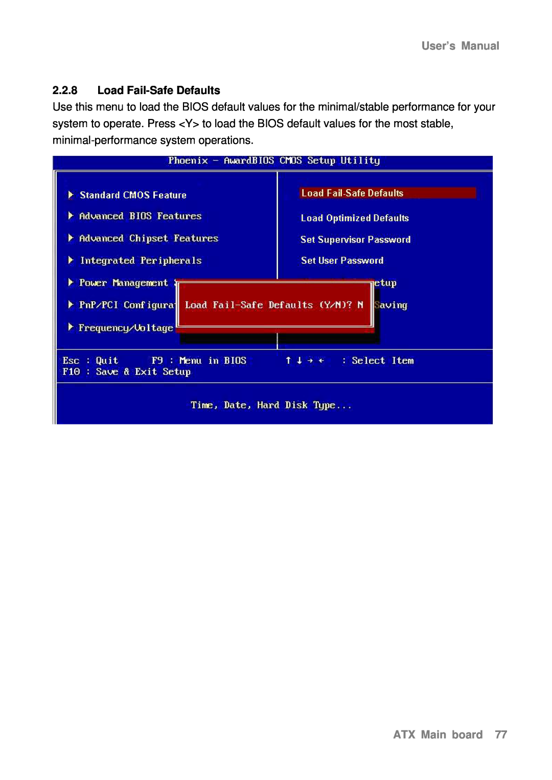 Intel AX965Q user manual Load Fail-Safe Defaults, User’s Manual, ATX Main board 