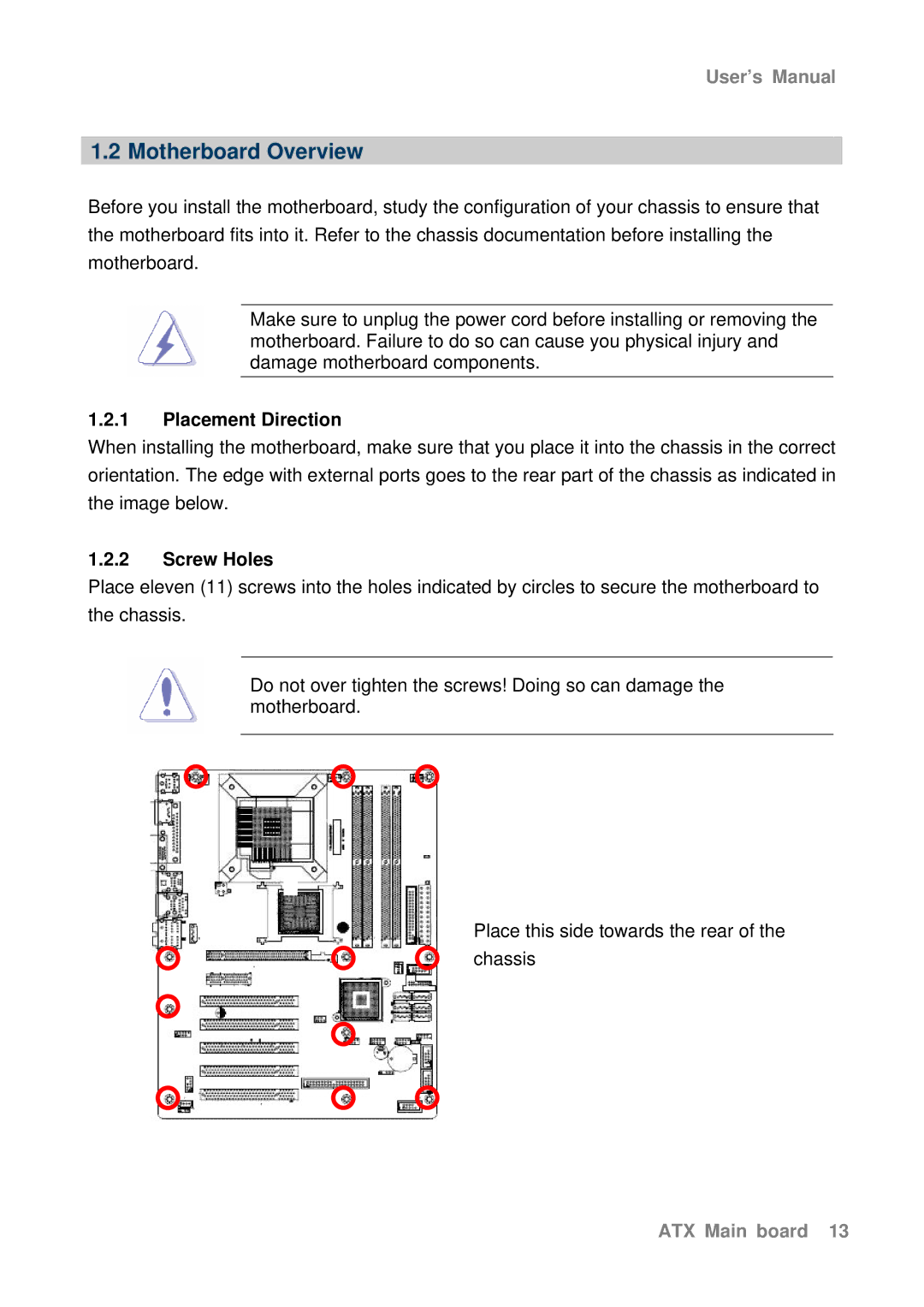 Intel AX965Q user manual Motherboard Overview, Placement Direction, Screw Holes 