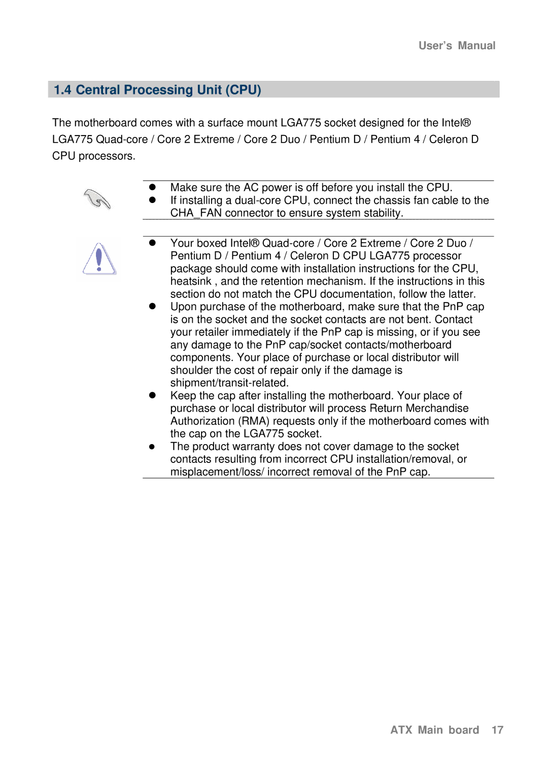 Intel AX965Q user manual Central Processing Unit CPU 