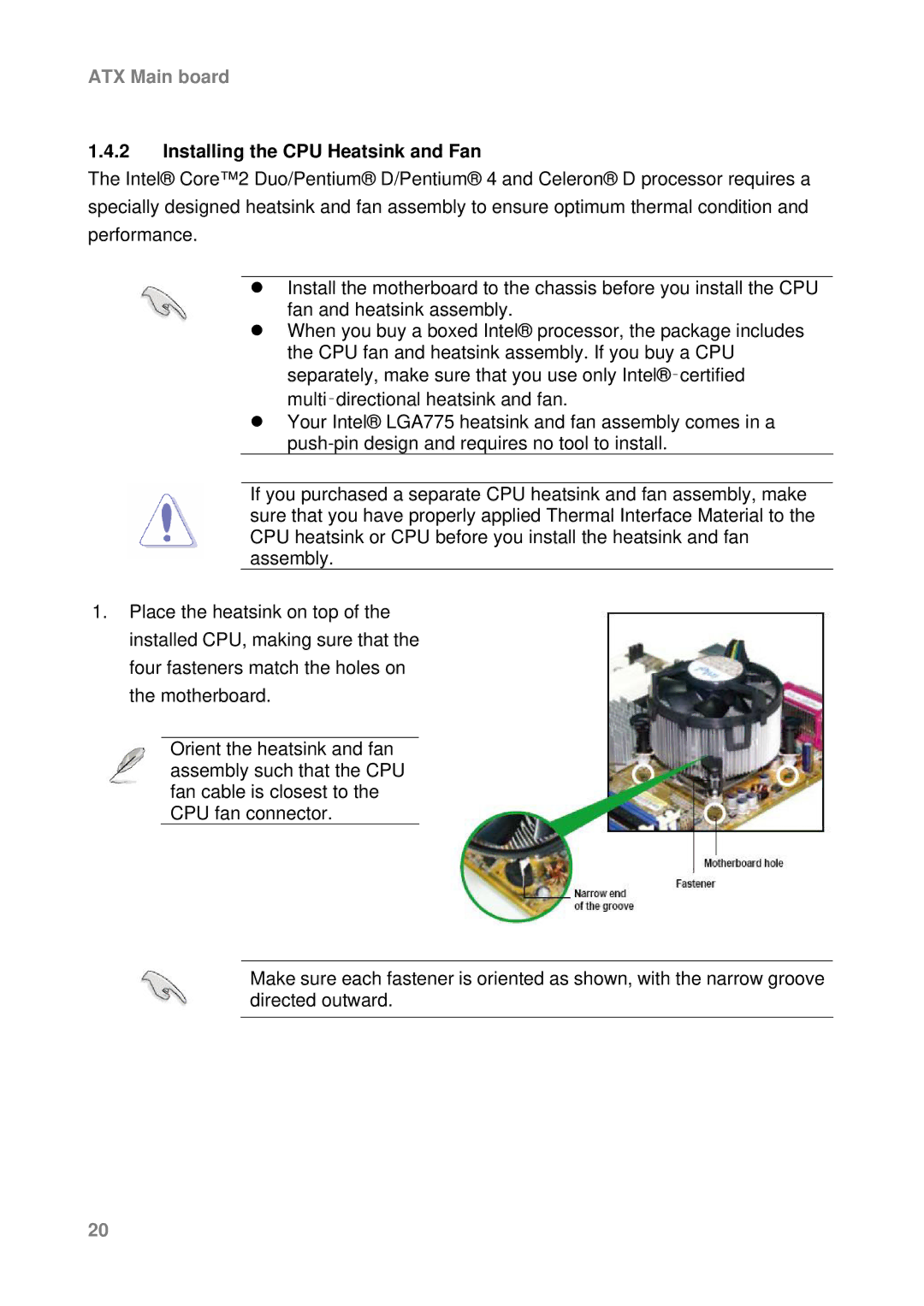 Intel AX965Q user manual Installing the CPU Heatsink and Fan 