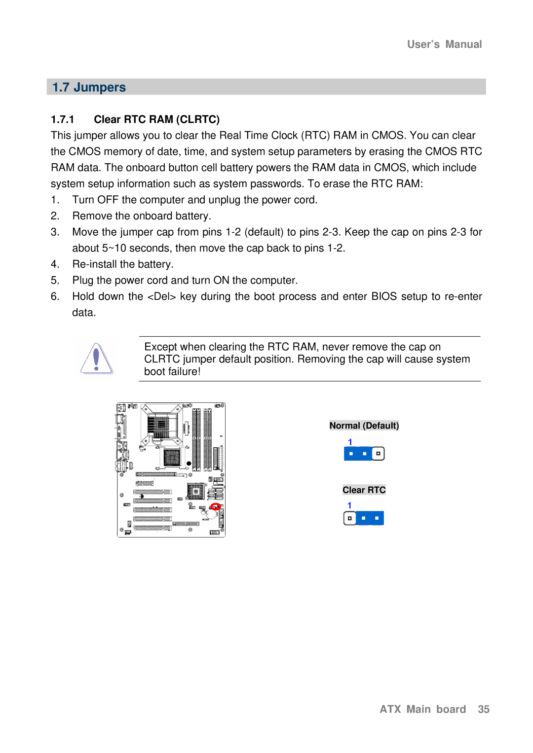 Intel AX965Q user manual Jumpers, Clear RTC RAM Clrtc 