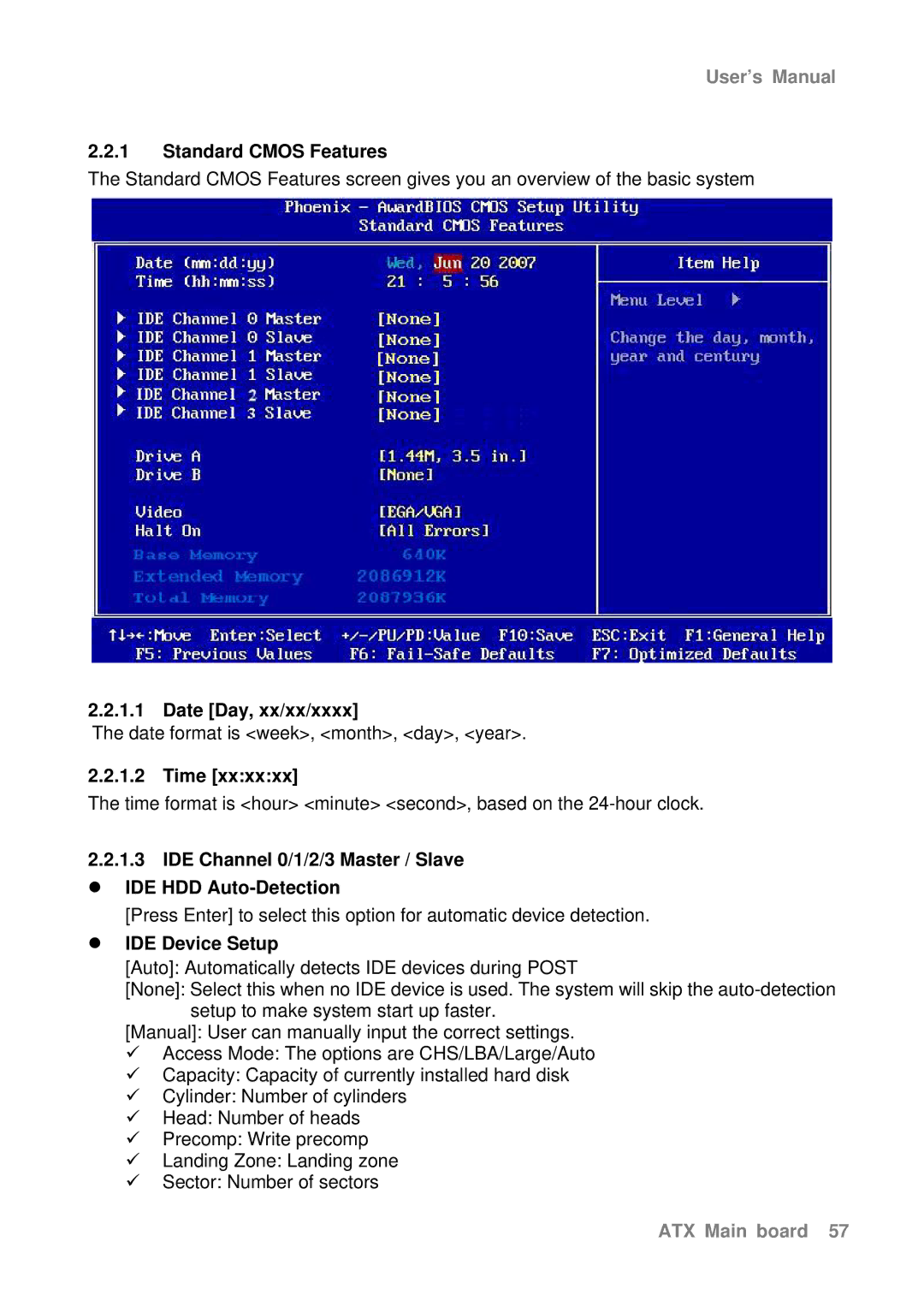 Intel AX965Q user manual Standard Cmos Features, Date Day, xx/xx/xxxx, Time, IDE Device Setup 