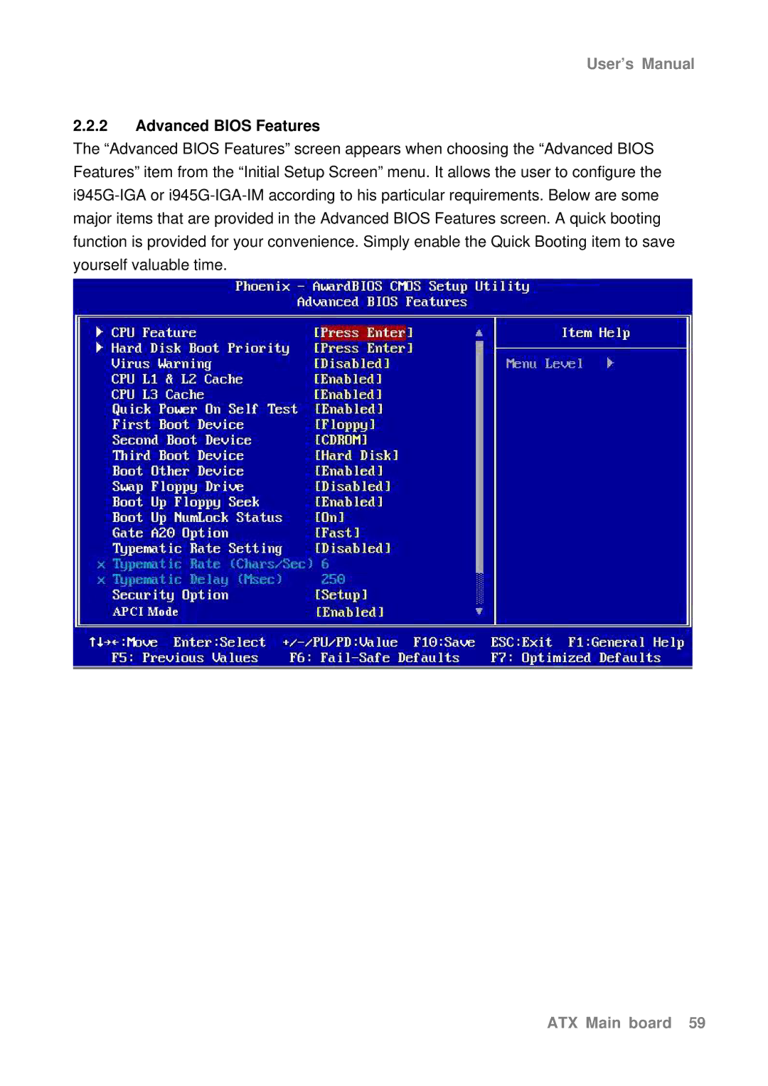 Intel AX965Q user manual Advanced Bios Features 