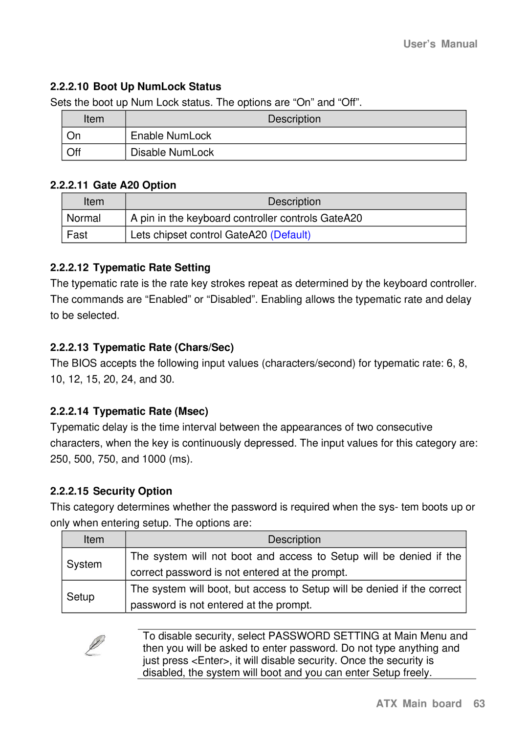 Intel AX965Q Boot Up NumLock Status, Gate A20 Option, Typematic Rate Setting, Typematic Rate Chars/Sec, Security Option 