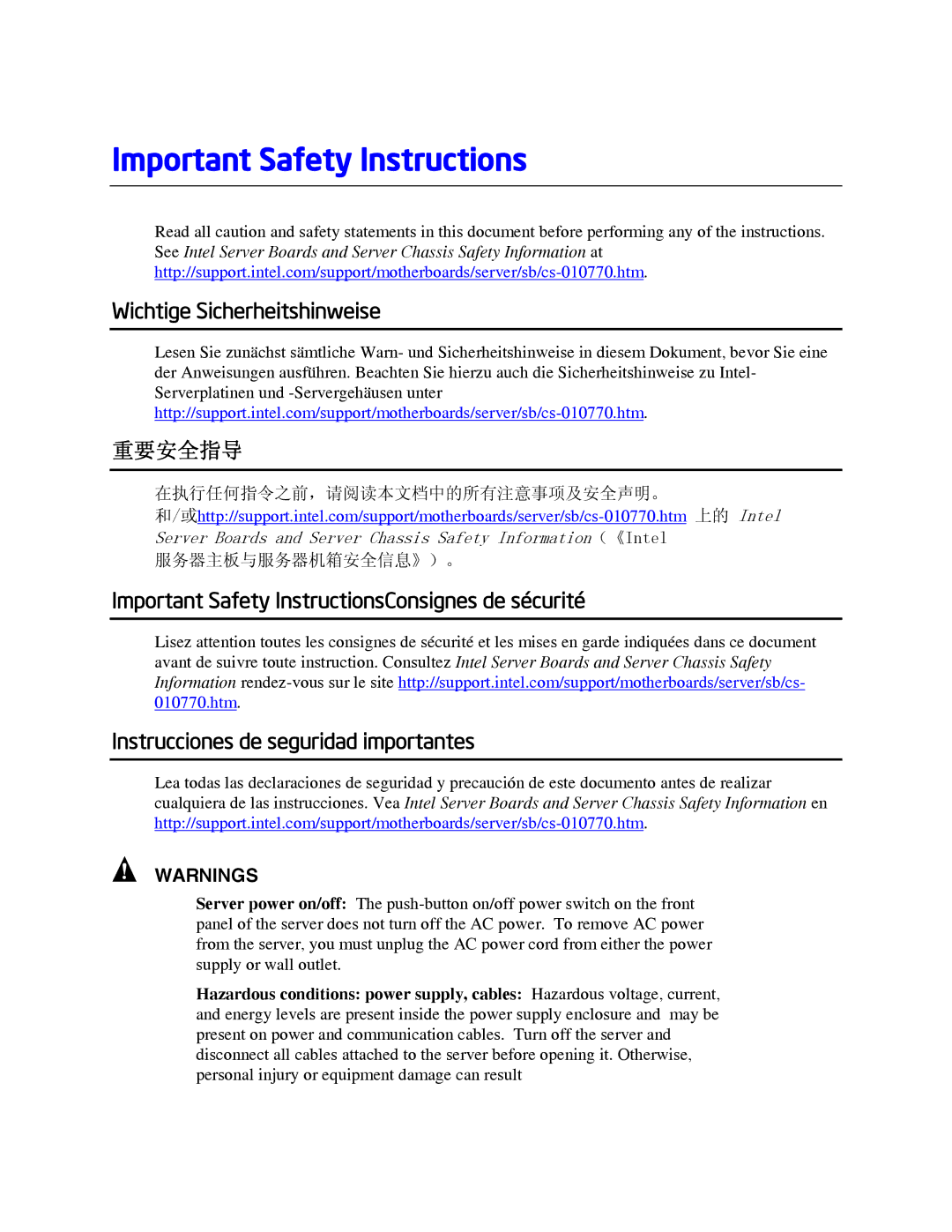 Intel AXXRAKSAS2 manual Important Safety Instructions, 重要安全指导 