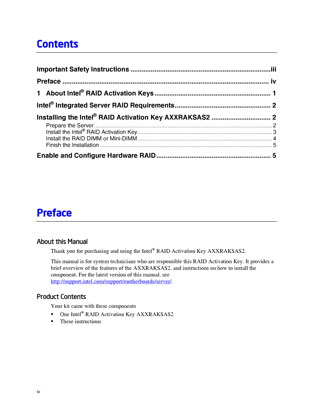 Intel AXXRAKSAS2 manual Contents, Preface 