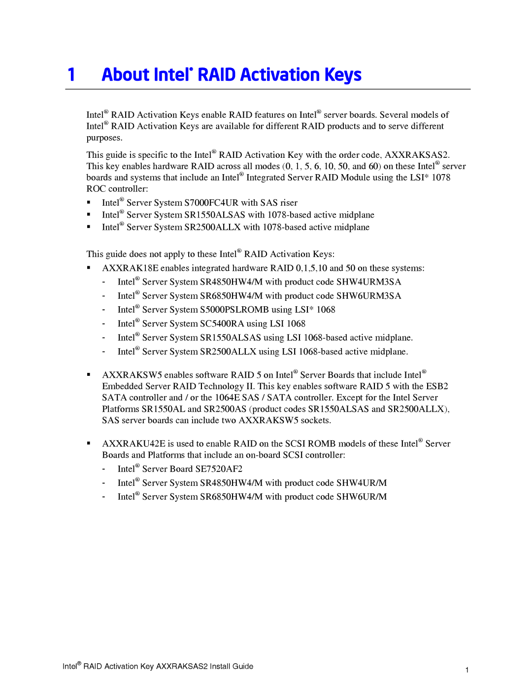 Intel AXXRAKSAS2 manual About Intel RAID Activation Keys 