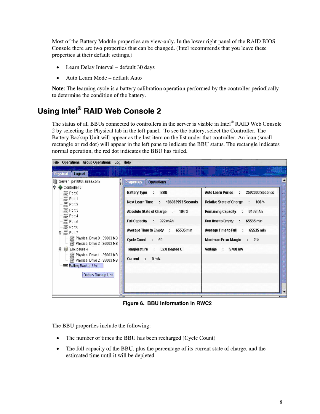 Intel AXXRSBBU6 manual Using Intel RAID Web Console, BBU information in RWC2 