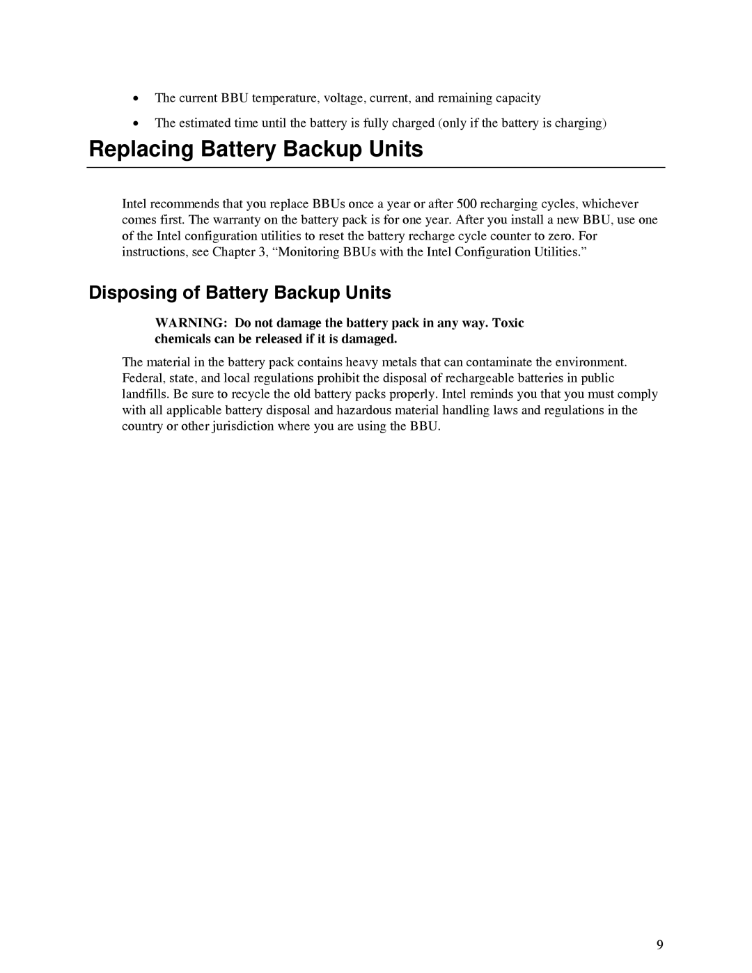 Intel AXXRSBBU6 manual Replacing Battery Backup Units, Disposing of Battery Backup Units 