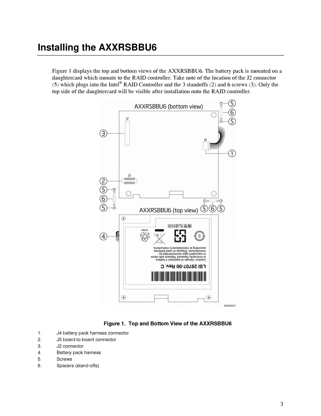 Intel manual Installing the AXXRSBBU6, Top and Bottom View of the AXXRSBBU6 