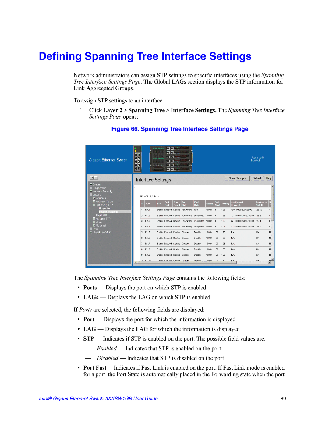 Intel AXXSW1GB manual Defining Spanning Tree Interface Settings 