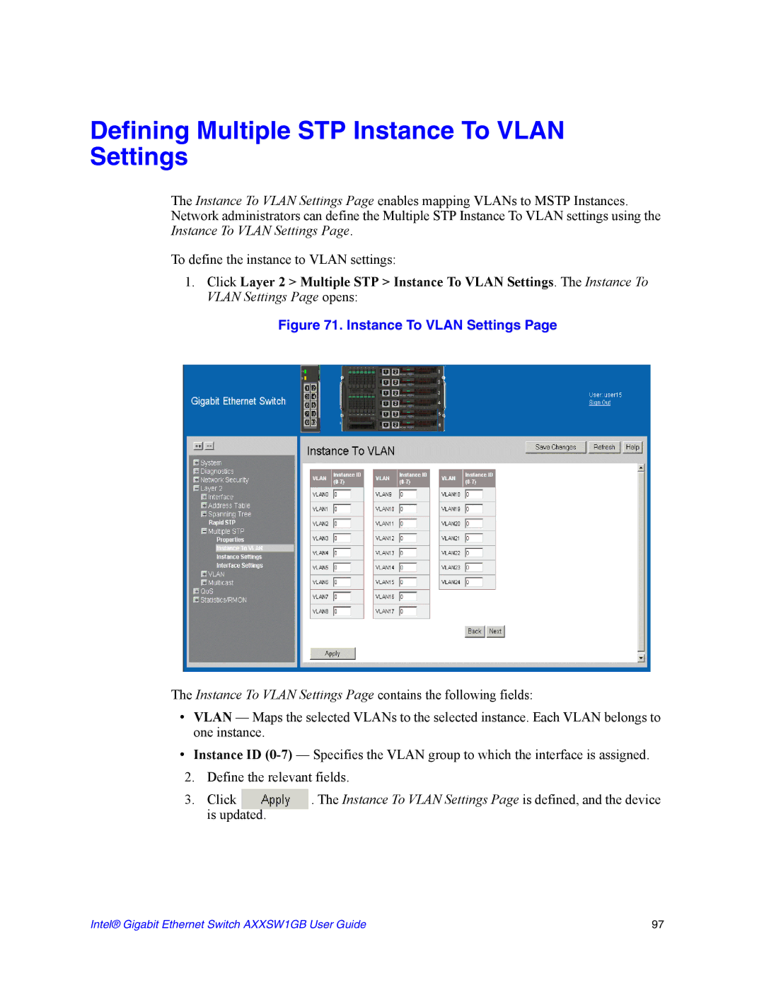 Intel AXXSW1GB manual Defining Multiple STP Instance To Vlan Settings 