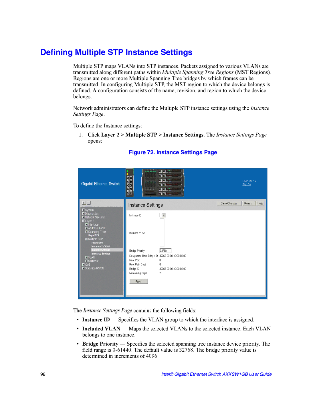 Intel AXXSW1GB manual Defining Multiple STP Instance Settings 