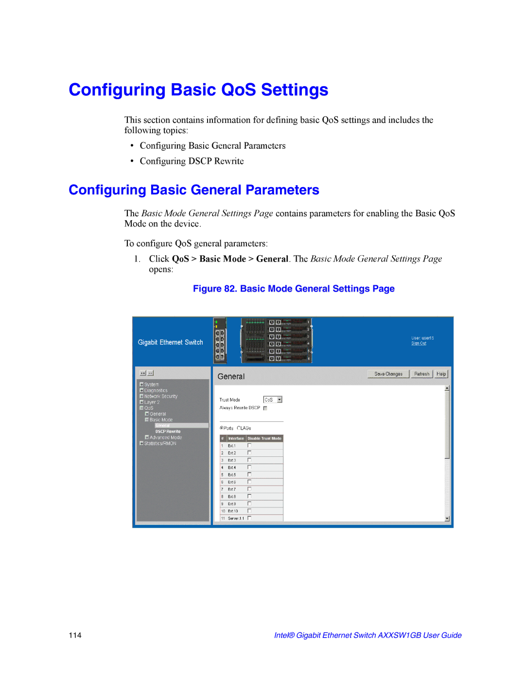 Intel AXXSW1GB manual Configuring Basic QoS Settings, Configuring Basic General Parameters 