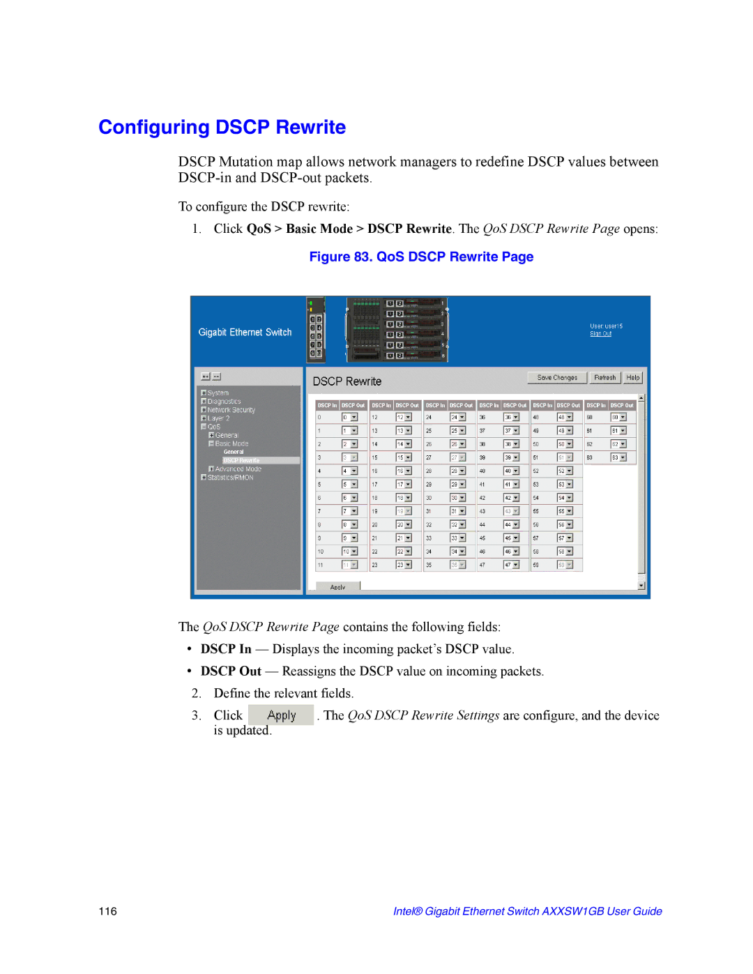 Intel AXXSW1GB manual Configuring Dscp Rewrite, QoS Dscp Rewrite 