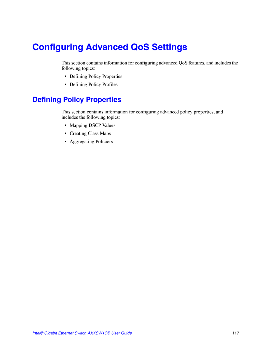 Intel AXXSW1GB manual Configuring Advanced QoS Settings, Defining Policy Properties 