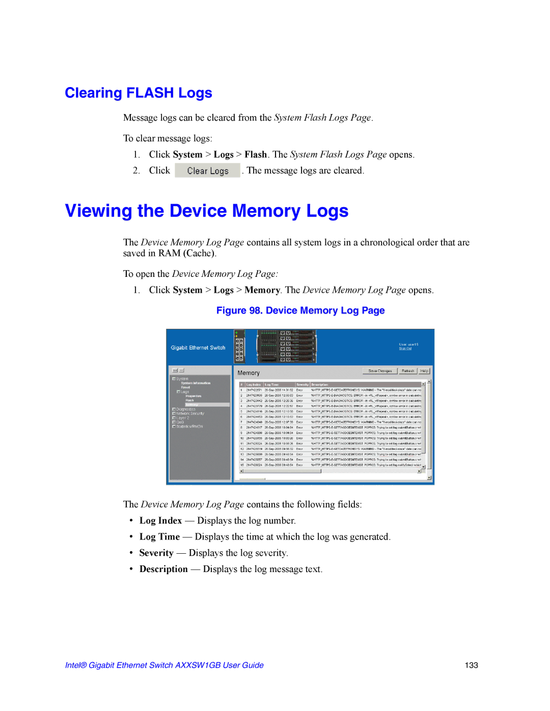 Intel AXXSW1GB manual Viewing the Device Memory Logs, Clearing Flash Logs 