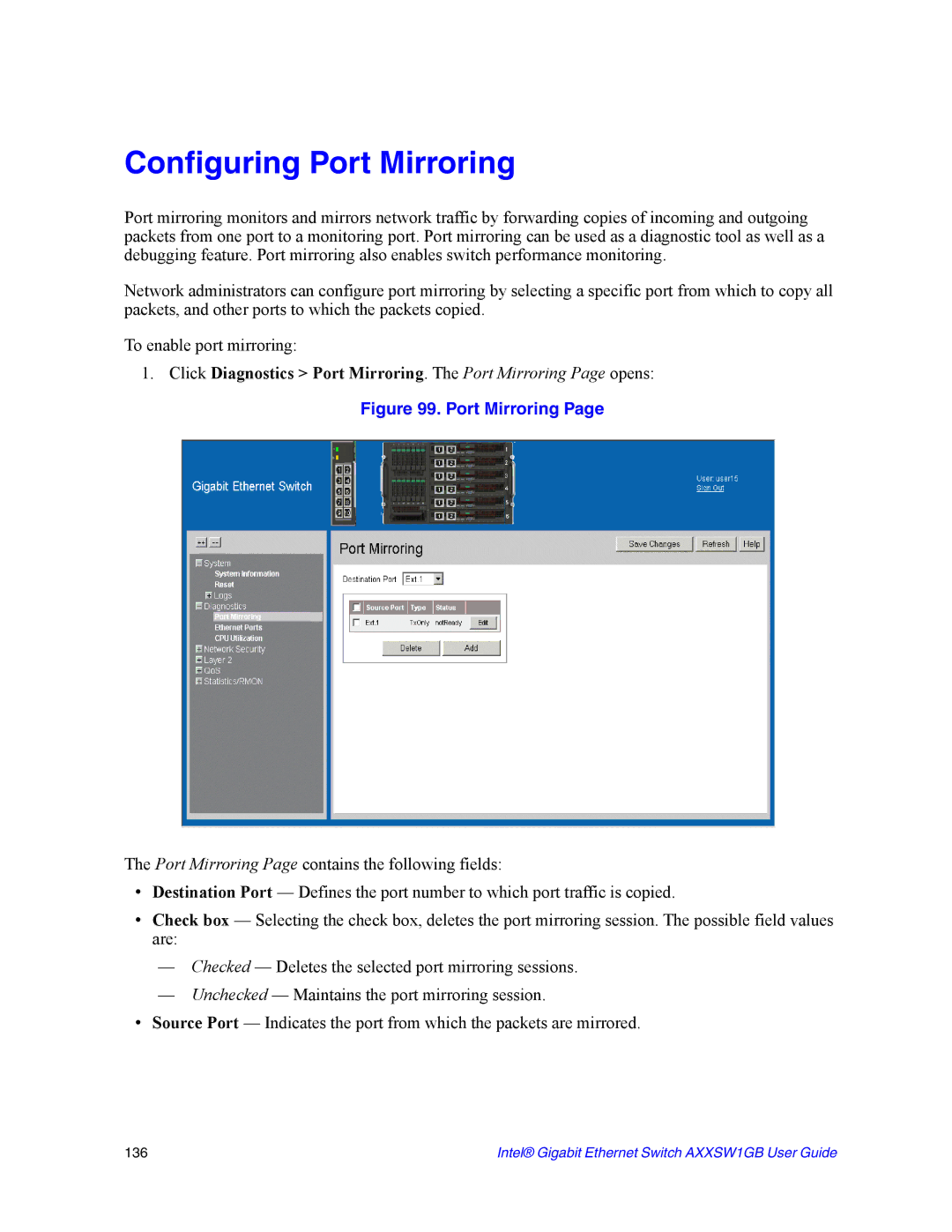 Intel AXXSW1GB manual Configuring Port Mirroring 