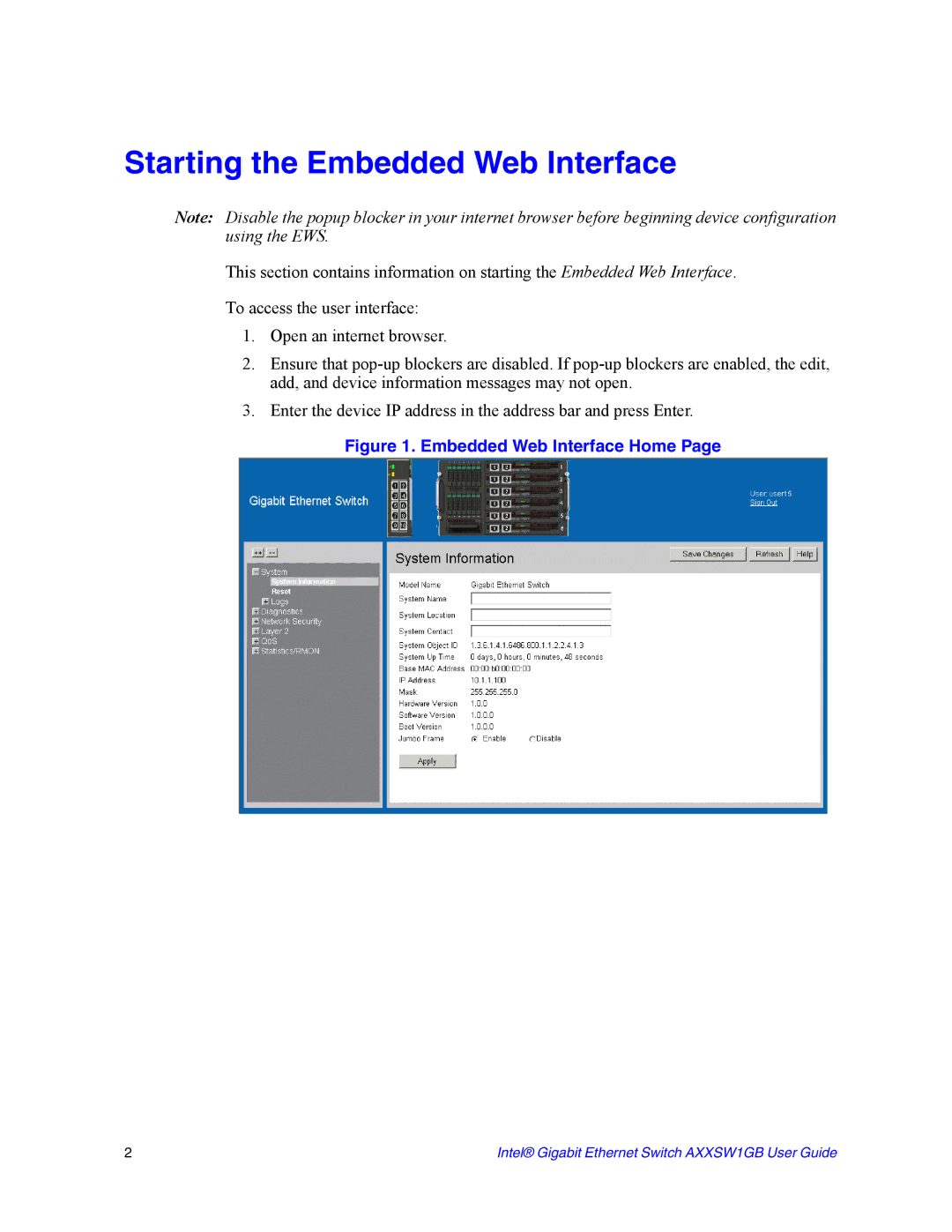 Intel AXXSW1GB manual Starting the Embedded Web Interface, Embedded Web Interface Home 