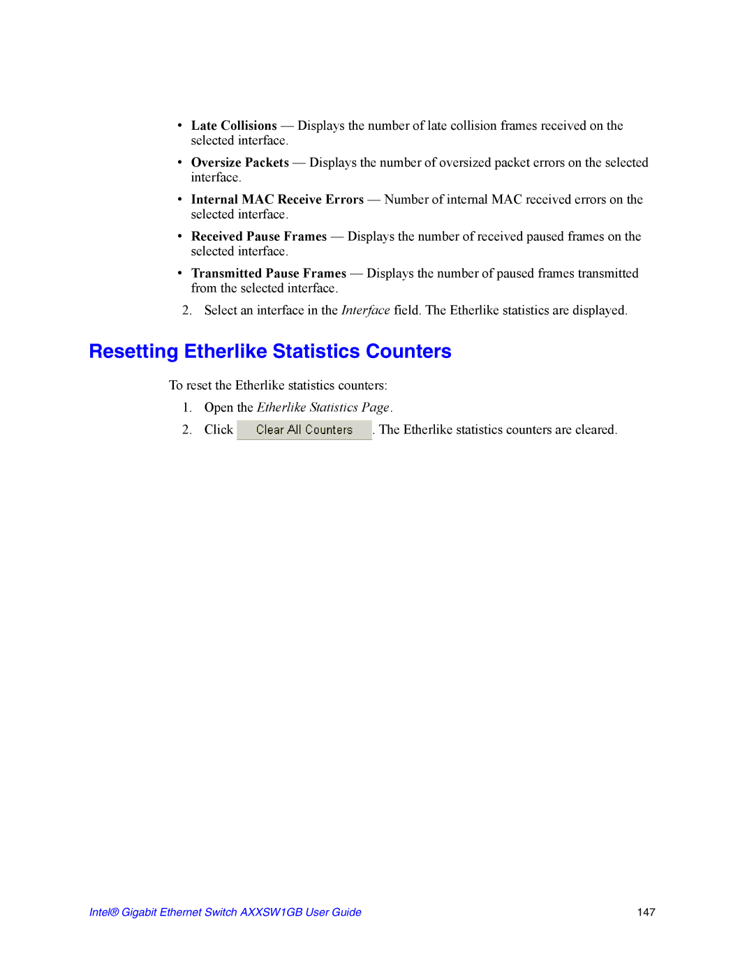 Intel AXXSW1GB manual Resetting Etherlike Statistics Counters, Open the Etherlike Statistics 